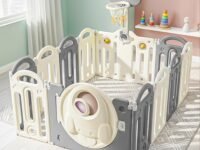 Baybee Kids Playpen for Babies | Foldable Baby Play Area Indoor Setup with Basket Ball Hoop, Safety Door Lock & Double Knob | Baby Activity Playards with Kids Customized Shapes | Outdoor Play Pen for Baby for 0 - 5 Years Boys Girls (Grey-12 Panels)