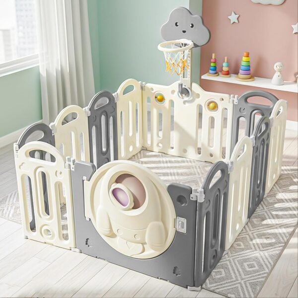 Baybee Kids Playpen for Babies | Foldable Baby Play Area Indoor Setup with Basket Ball Hoop, Safety Door Lock & Double Knob | Baby Activity Playards with Kids Customized Shapes | Outdoor Play Pen for Baby for 0 - 5 Years Boys Girls (Grey-12 Panels)
