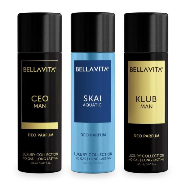 Bella Vita Luxury Body Parfum Gift Set for Men | Pack of 3 x 150ml | No Gas Deo for Man | CEO, Skai Aquatic & Klub | Long Lasting Fragrance with Tonka, Bergamot, Vanilla