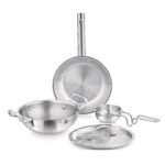 Bergner TriPro Tri-Ply Stainless Steel 4 Pcs Cookware Set - 22cm Indian Wok/Kadai with Lid, 22cm Frypan, 10cm Tadka Pan, Even Heating, Less Oil Use, Healthy Cooking - Induction and Gas Stove Ready