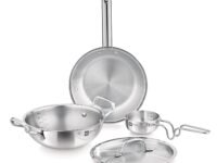 Bergner TriPro Tri-Ply Stainless Steel 4 Pcs Cookware Set - 22cm Indian Wok/Kadai with Lid, 22cm Frypan, 10cm Tadka Pan, Even Heating, Less Oil Use, Healthy Cooking - Induction and Gas Stove Ready