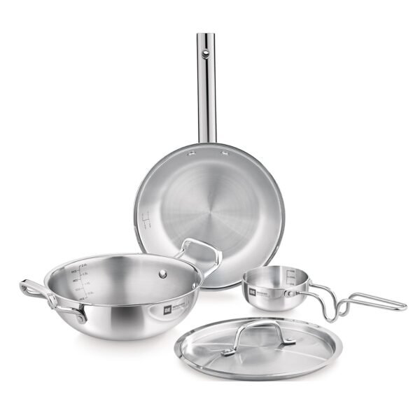 Bergner TriPro Tri-Ply Stainless Steel 4 Pcs Cookware Set - 22cm Indian Wok/Kadai with Lid, 22cm Frypan, 10cm Tadka Pan, Even Heating, Less Oil Use, Healthy Cooking - Induction and Gas Stove Ready