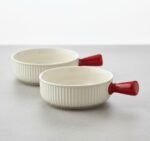 Beyond Homes Handcrafted Ceramic Snack Bowl with Handle, 15.5 cm | Dishwasher & Microwave Safe Bowl for Snacks | Ceramic Serving Bowl for Salads, Noodles, Soup, Curry (Dual Tone-White with Red)