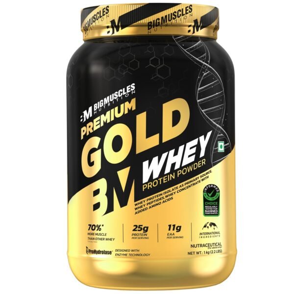 Bigmuscles Nutrition Premium Gold Whey [1Kg] | Informed Choice UK Certified | Isolate Whey Protein Blend | 25g Protein | 11g EAA | ProHydrolase Enzyme Technology [Rich Chocolate]