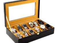 Birch & Co. Watch Box Organizer – 12 Slot Display Case with Glass Lid, PU Leather, Soft Velvet Interior – Elegant Storage for Men’s & Women’s Watches, Jewelry & Accessories – Gift-Ready Case, Black