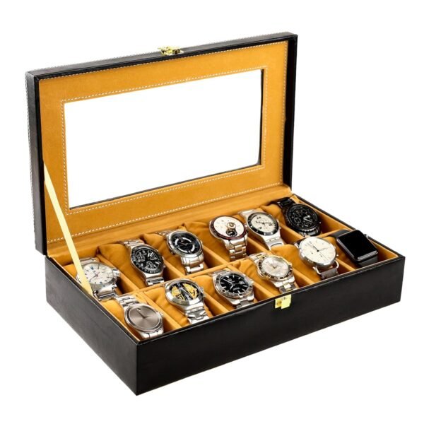 Birch & Co. Watch Box Organizer – 12 Slot Display Case with Glass Lid, PU Leather, Soft Velvet Interior – Elegant Storage for Men’s & Women’s Watches, Jewelry & Accessories – Gift-Ready Case, Black