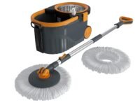 Bonkaso Spin Mop with Stainless Steel Wringer & Big Wheels | 360° Rotating Mop, Adjustable Handle | Easy Floor Cleaning Bucket Set with 2 Microfiber Refills – Grey & Orange (46 x 26.5 x 23 cm)