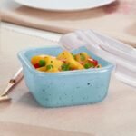 Borosil 320 ml Blue Food Storage Container with Air Tight Lid | Square Shape Borosilicate Glass Organiser | Microwave & Dishwasher Safe | For Fridge, Kitchen Storage