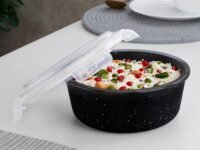 Borosil 620 ml Pebble Black Food Storage Container with Air Tight Lid | Round Shape Borosilicate Glass Organiser | Microwave & Dishwasher Safe | For Fridge, Kitchen Storage
