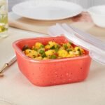 Borosil 800 ml Kube Pink Food Storage Container with Air Tight Lid | Square Shape Borosilicate Glass Organiser | Microwave & Dishwasher Safe | For Fridge, Kitchen Storage