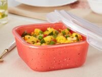 Borosil 800 ml Kube Pink Food Storage Container with Air Tight Lid | Square Shape Borosilicate Glass Organiser | Microwave & Dishwasher Safe | For Fridge, Kitchen Storage