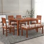 CNC Solid Sheesham Wood Dining Table Set 6 Seater | Six Seater Dining Table 6 Seater with 4 Cushion Chairs & 1 Bench for Living Room | 6 Seater Dining Set for Hotel Restaurant, Honey