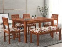 CNC Solid Sheesham Wood Dining Table Set 6 Seater | Six Seater Dining Table 6 Seater with 4 Cushion Chairs & 1 Bench for Living Room | 6 Seater Dining Set for Hotel Restaurant, Honey