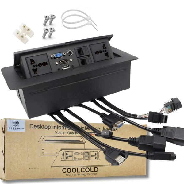 COOLCOLD 10 Module, Hydraulic Cable Cubby, Conference Table Connectivity Solutions, Pop Up Box with HDMI, VGA, Audio, LAN, Power Ports & USB Port (Black) - 1 Year Warranty