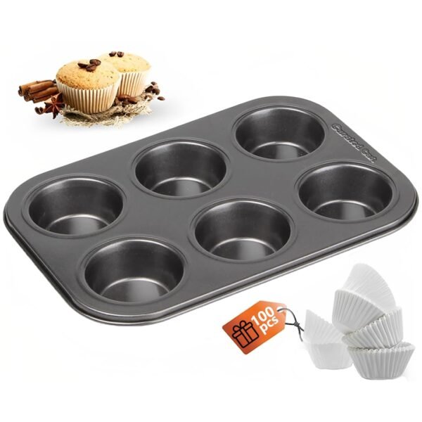 CURATED CART Muffin Tray with 6 Cavities & 100 Muffin Liners SGS Certified Non-Stick Bakeware, Oven Safe, Microwave Safe, Dishwasher Safe, Carbon Steel Cupcake Mould for Baking, Grey