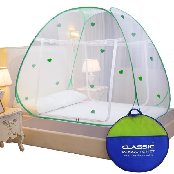 Classic Mosquito Net for Double Bed | Heart Design (Limited Edition) | King Size Foldable Machardani | Polyester 30GSM Strong Net | PVC Coated Corrosion Resistant Steel Wire - Green