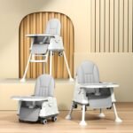 Cockatoo-Kids BiteBuddy 3-in-1 Foldable Baby High Chair with Double Removable Tray, Booster Seat & Wheels, Adjustable Feeding Chair for Kids, Anti-Slip Legs, 3-Point Harness – 3M to 5Y, 40kg Grey