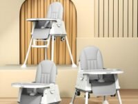 Cockatoo-Kids BiteBuddy 3-in-1 Foldable Baby High Chair with Double Removable Tray, Booster Seat & Wheels, Adjustable Feeding Chair for Kids, Anti-Slip Legs, 3-Point Harness – 3M to 5Y, 40kg Grey