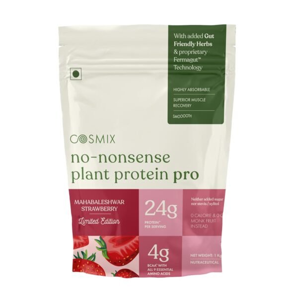 Cosmix No-Nonsense Plant Protein Pro | 24g Plant Protein/Serve | Mahabaleshwar Strawberry | Clean Vegan Yeast Protein | Gut-Friendly | Easy to Digest | All Essential Amino Acids | Made with Real Mahabaleshwar Strawberries | 1kg