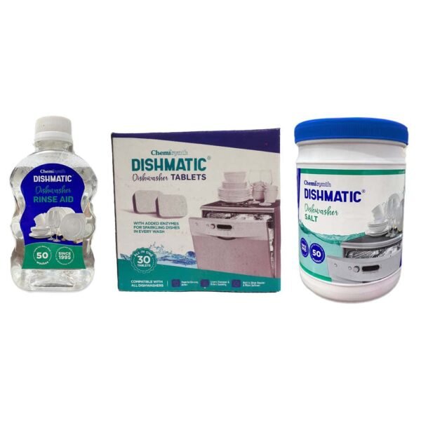 Dishmatic Dishwasher Tablets Rinse Aid and Salt, Dishwashing Tablets Liquid Rinse Aid Salt for Sparkling Clean Dishes Compatible with All Dishwashers (30 Pcs * 250 ml * 1 Kg)