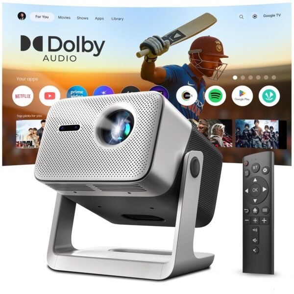[Dolby Audio Official] Crossbeats Lumex Vista Projector 4k Ultra HD, 1080p Native, Dust Free, Android TV, WiFi, 1200 ANSI, Smart Mini Projector for Room, Portable Home Theater Cinema, Built-in Apps