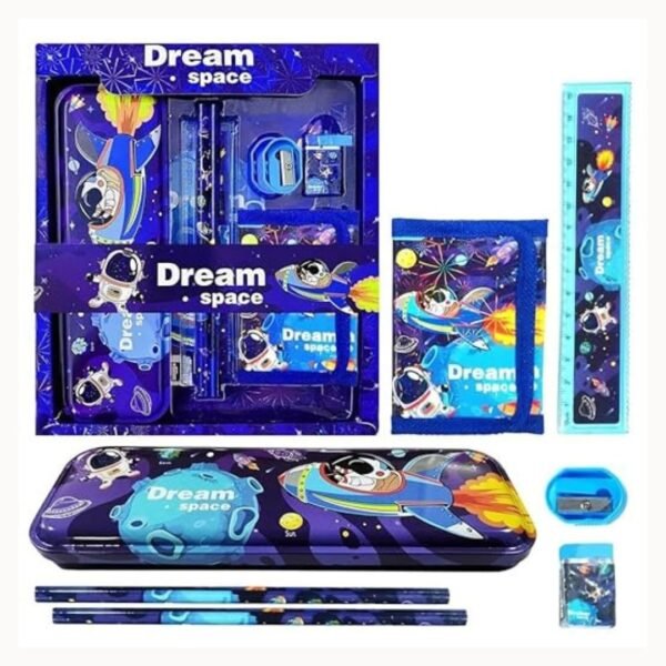 Dream Space Stationery Gift Set for Kids | Cartoon Astronaut School Supplies Kit with Pencil Box, Ruler, Eraser, Sharpener, Wallet & Pencils | Birthday Return Gift, School Goodie Bag for Boys Girls