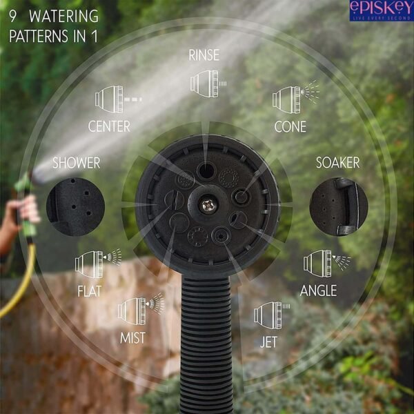 Episkey Heavy Duty 5 Meter Garden Hose Pipe | 1/2 Inch Flexible Water Pipe with Double Latex Core Braided Anti-Kink Outer Layer 8-Pattern SprayGun, Tap Connector & 2 Clamps | Leak-Proof, UV-Resistant