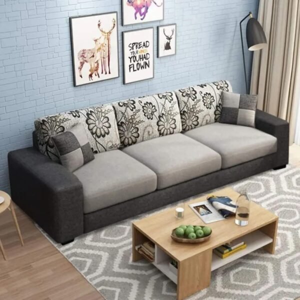 FURNY Berlan 3 Seater Fabric Sofa Set (Light Grey-Dark Grey)