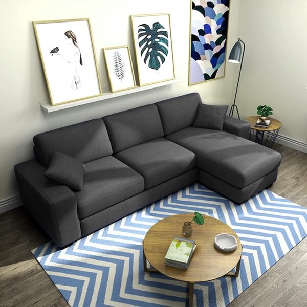 FURNY Dinoy 4 Seater Fabric RHS L Shape Sofa Set (Dark Grey)