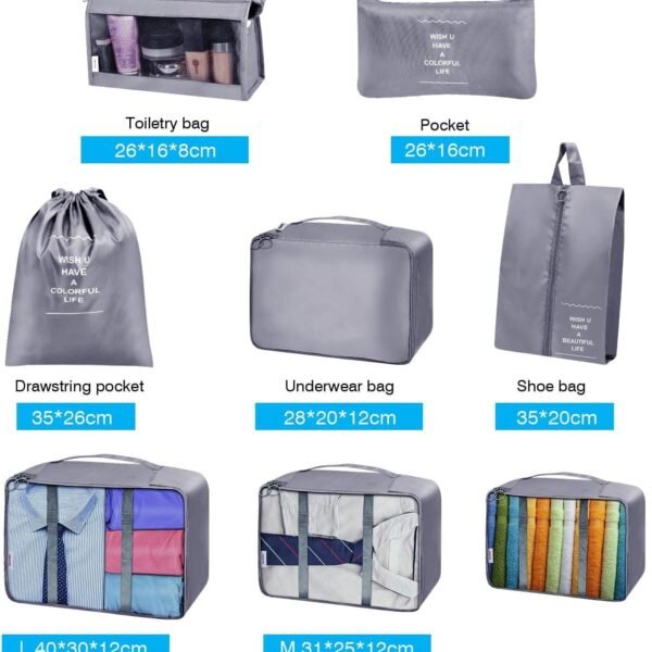 Flyngo 8 Pcs Travel Organizer Pouch Packing Cubes For Clothes Space Savers Bags Cosmetics/Underwear/Socks/Shoes Toiletry Bag Laundry Organiser (Grey) - Nylon
