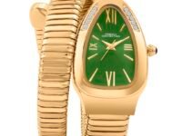 French Connection Eternelle Curve | Green Dial with Rose Gold Case | Flexible Wrap Bracelet Strap | Crystal Accent Design | Roman Numerals Analog Watch for Women - FCN0142NGM