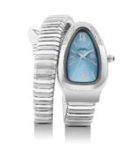 French Connection Eternelle Curve | Sky Blue Dial with Silver Case | Flexible Wrap Bracelet Strap | Crystal Accent Design | Roman Numerals Analog Watch for Women - FCN0142USM