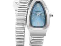 French Connection Eternelle Curve | Sky Blue Dial with Silver Case | Flexible Wrap Bracelet Strap | Crystal Accent Design | Roman Numerals Analog Watch for Women - FCN0142USM