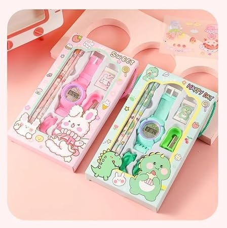 Gift Stationery Set, School Stationery Kit (2 pcs) Birthday Return Gift Pencil Eraser Sharpener for Girls/Boys, Cartoon Theme Stationery Items, School Supplies Gift for Kids