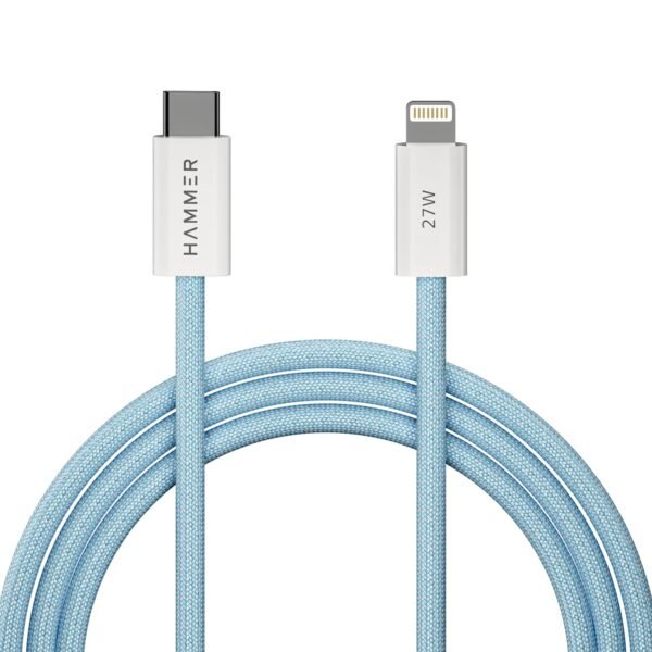 HAMMER 27W Type-C to Lightning 8 Pin Nylon Braided Cable, 27W Fast Charging, 480Mbps High Speed Data Transfer & Durable Tangle Free Design, Compatible with iPhone, iPad, iMac, AirPods, 1.2M (Blue)