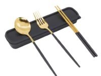 HASTHIP® Premium Gold Stainless Steel 410 Fork Spoon Three Piece Set Spoon Fork Chopsticks Outdoor Gift Set Flatware with Gift Box Dinnerware Cutlery Set Tableware Set (Black Gold)
