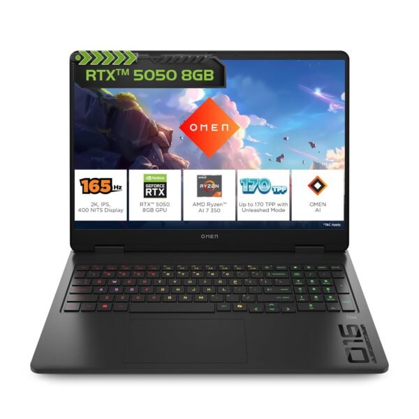 HP Omen, AMD Ryzen AI 7 350, 8GB RTX 5050, 24GB DDR5(Upgradeable) 1TB SSD, 165Hz, 2k WUXGA, 3ms, 400 nits, 16'(40.6cm) Win11, M365* Office24, Black, 2.44kg, ap0165AX, RGB, AI Gaming Laptop