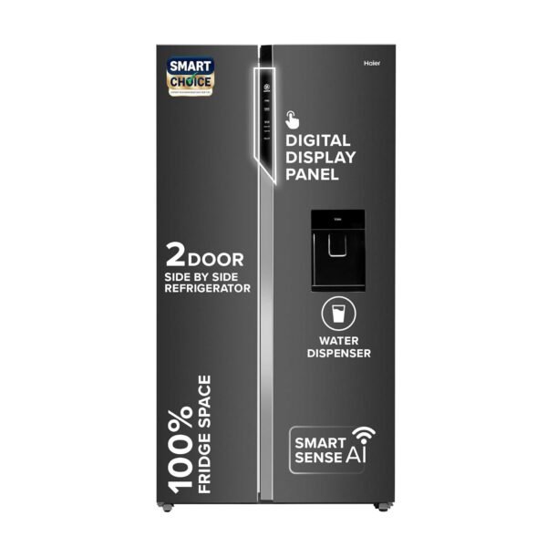 Haier SmartChoice 596L 3Star 2-Door Water Dispenser Side by Side Frost Free Refrigerator|Convertible|Smart Sense AI | Expert Inverter|Digital Display Panel (2025 Model, HRS-682WGKU1, Graphite Black)