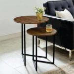 Hamdan 2-Piece V-Leg Nesting Side Tables with Metal Frame, Small Coffee Table for Living Room Bedroom Balcony Yard-Walnut-Black