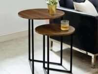 Hamdan 2-Piece V-Leg Nesting Side Tables with Metal Frame, Small Coffee Table for Living Room Bedroom Balcony Yard-Walnut-Black