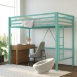 Home Decoration Art Metal Loft Bed Twin Size, Multifunctional Twin Bed with Safety Guard & Removable Ladder, Green