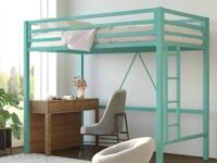 Home Decoration Art Metal Loft Bed Twin Size, Multifunctional Twin Bed with Safety Guard & Removable Ladder, Green