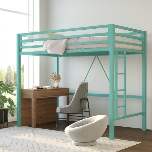 Home Decoration Art Metal Loft Bed Twin Size, Multifunctional Twin Bed with Safety Guard & Removable Ladder, Green