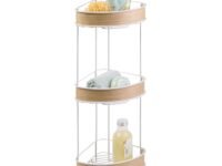 InterDesign RealWood Free Standing Corner Shower Caddy 3-Tier for Bathroom - Bath Shelf Baskets for Towels, Soap, Shampoo, Lotion, Accessories | Dimensions - (25 x 19 x 65) CM, White/Light Wood Finish