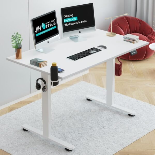 Jin Office Octave Height Adjustable Table Electric | Sit Stand Desk, 2 Year Warranty, 80 Kg Wt. Cap| Standing Desk with Memory Preset, Cup Holder| Stability Crossbar| White 1200*750mm/25mm Thick Top