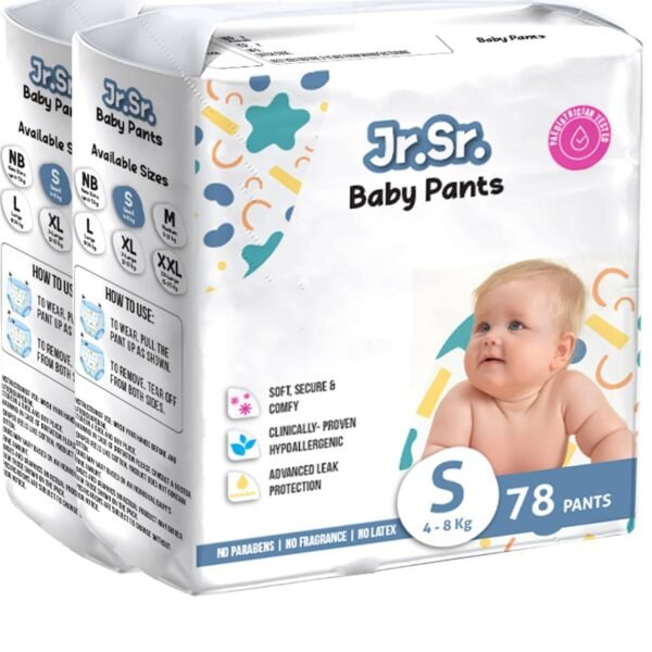 Jr. Sr. Baby Diaper Pants | Small (S) Size (4-8 kg), 156 Count | Pack of 2 | Upto 12 hr Absorption with Advanced Leak Protection | Safe For Babies Skin | Soft, Secure & Comfy