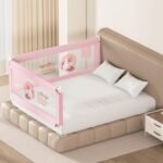 Kids Station Comfy Baby Safety Bed Rail - Foldable - Portable Kids Bed Rail Safeguard Fence with 28 Adjustable Height - 6ftx6ft or 180x180cm (2 Sides, Pink, with Pocket)
