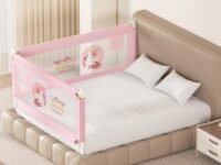 Kids Station Comfy Baby Safety Bed Rail - Foldable - Portable Kids Bed Rail Safeguard Fence with 28 Adjustable Height - 6ftx6ft or 180x180cm (2 Sides, Pink, with Pocket)