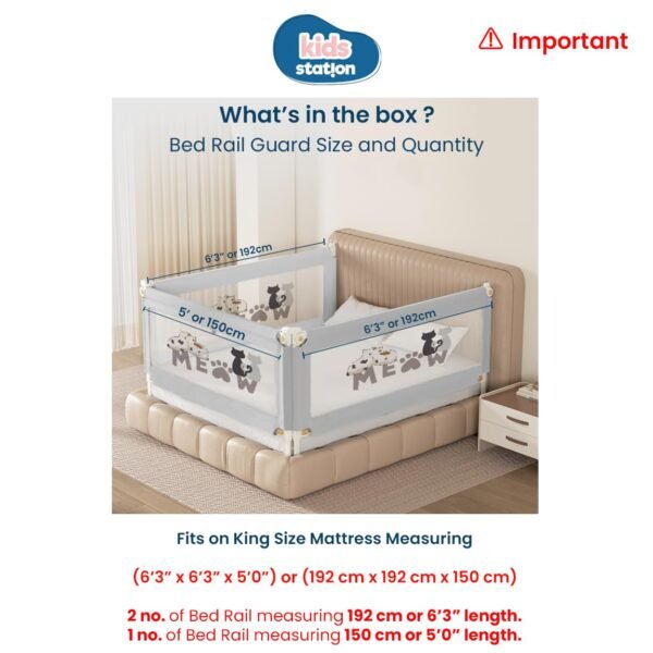 Kids Station Foldable Baby Bed Rail Guard for Child Safety - 28 Levels of Adjustable Height - Safeguard for Baby Proofing - 6.3ftx5ftx6.3ft or 190x150x190cm (3 Sides, Grey, Basic)