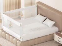 Kids Station Premium Baby Safety Steel Bed Rail – Foldable with Anti-Suffocation Cloth – Portable Kids Bed Rail Safeguard Fence with 28 Adjustable Heights – 6.6ft x 6ft / (2 Sides, White)